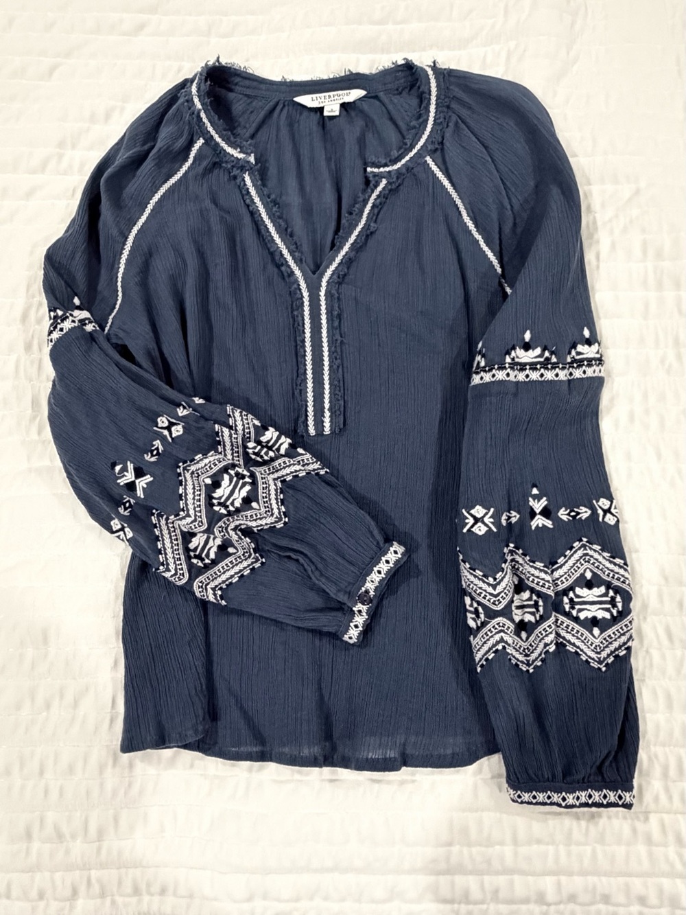 Liverpool Navy Peasant Tunic with White Embroidery